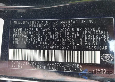 2021 Toyota Camry Se z USA, uszkodzony, nr VIN 4T1G11AK4MU592014